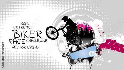 Vector banner or flyer with cyclist on the bike. Abstract poster of BMX competitions sport template