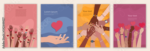 Banner with group of volunteer diversity people. Editable poster template. Hand up holding a heart in their hand. Charity solidarity donation. NGO. Community. Hands in a circle. Web page
