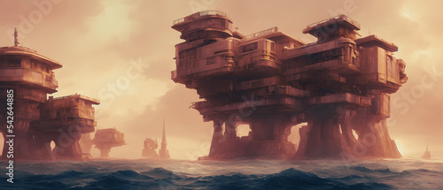 Artistic concept illustration of a unknown structure on the ocean, background illustration.