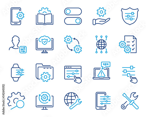 Tech Support, Settings and Options Color Line Icon. Gear, Screwdriver and Wrench Icons. Setup, Repair and Settings Outline Icon Set. Editable Stroke. Isolated Vector illustration