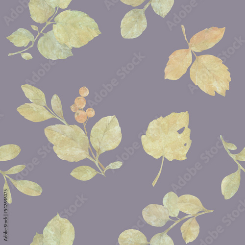Abstract botanical background for design, print, wallpaper, wrapping paper. Seamless watercolor pattern of autumn leaves. © Sergei