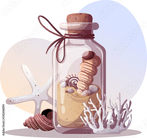 hand drawn illustration of a sand bottle with seashells photo