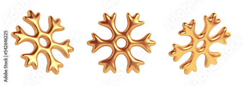 Set of gold snowflakes cartoon style on transparent background, 3d rendering illustration