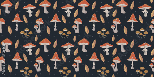 Hand drawn Seamless pattern of forest mushrooms. Vector amanita mushroom