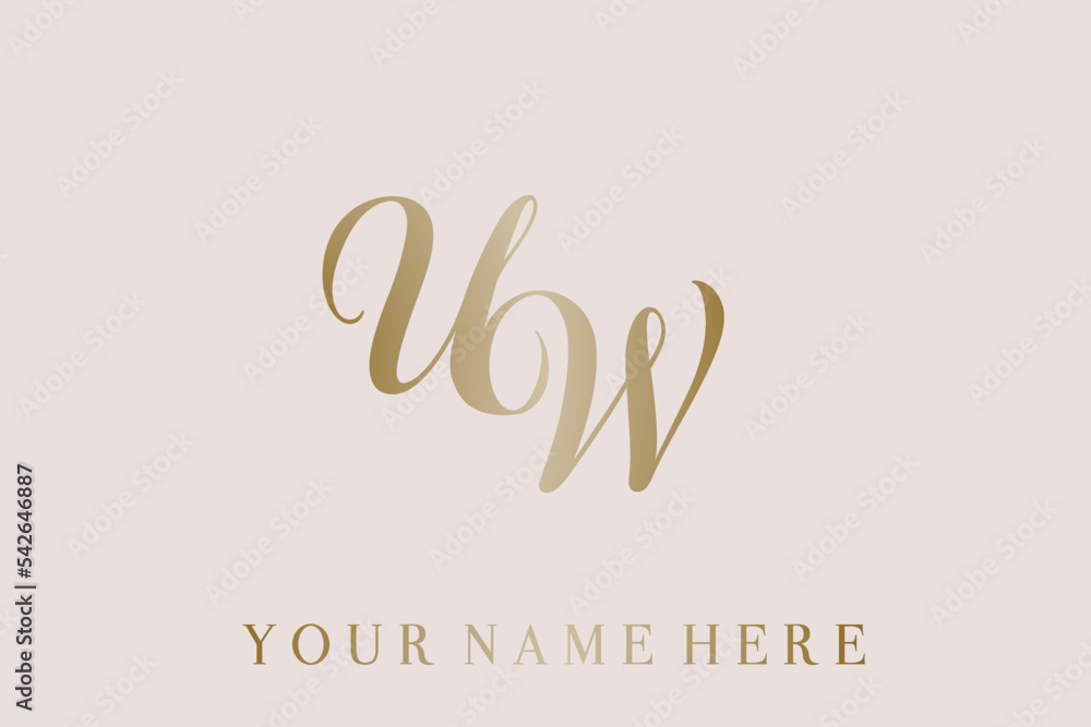 UW monogram logo.Calligraphic signature icon.Script letter u, letter w.Lettering sign.Wedding, fashion, beauty, gift boutique, decorative alphabet initials.Handwritten style gold characters.