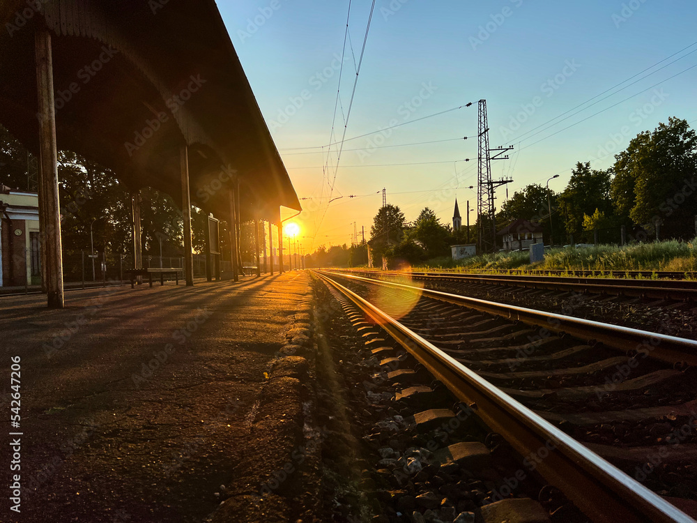 Old railway station, sunset time. Selective focus