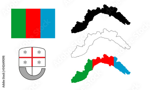 Illustrazione vettoriale silhouette regione Liguria, stemma effigie simbolo bandiera a colori