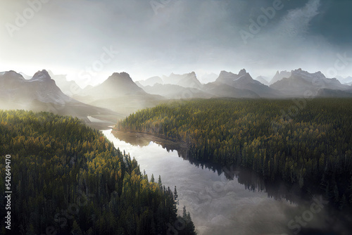 Aerial view of river in forest with mountain as Scandinavian landscape