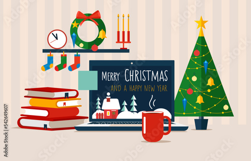 Christmas office workplace. Table with computer, gifts, Christmas tree, books. Freelancer workspace. Flat vector illustration.