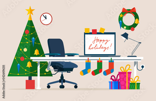Christmas office workplace. Table with computer, gifts, Christmas tree. Freelancer workspace. Flat vector illustration.