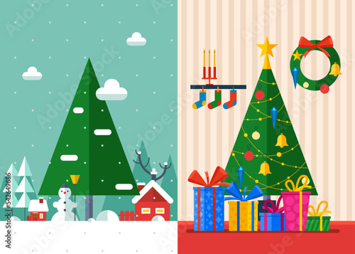 Fir in forest and in room with gifts and lights. Christmas tree before and after decoration. Flat vector illustration.