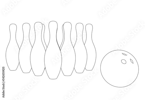 Outline of skittles with a bowling ball made of black lines isolated on a white background. Front view. 3D. Vector illustration.