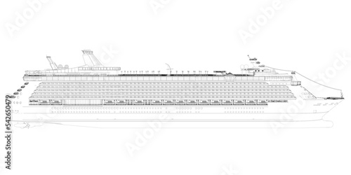 Outline of a large multi-deck cruiser from black lines isolated on a white background. Side view. 3D. Vector illustration.