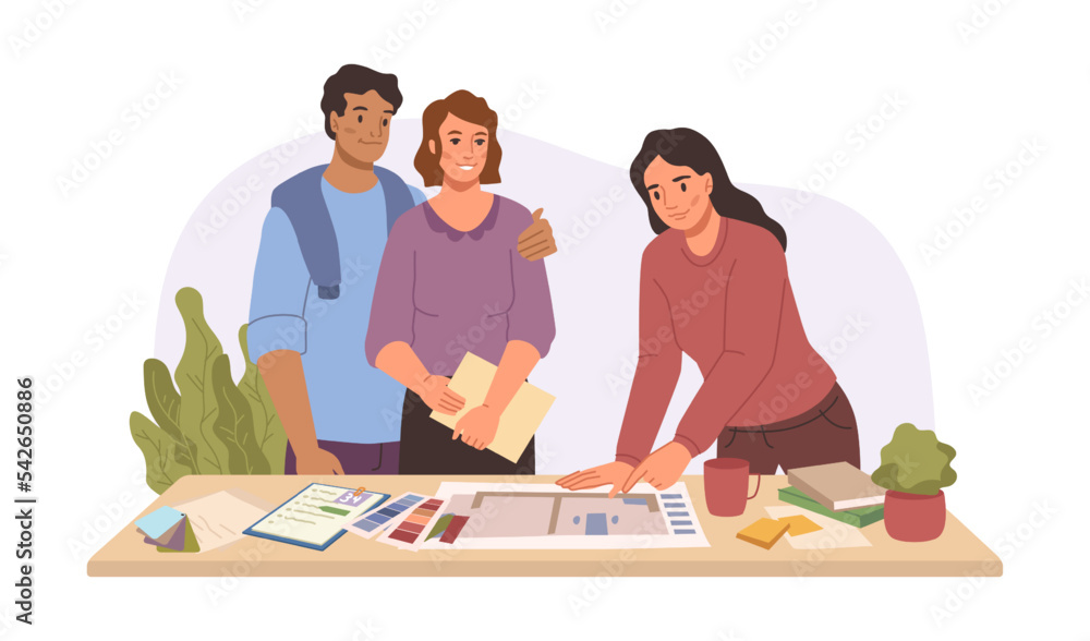 Interior designer working with clients, making house project for couple. Choosing concepts and colors for home. Flat cartoon character, vector in flat style Interior designer working with clients, making house project for couple. Choosing concepts and colors for home. Flat cartoon character, vector in flat style