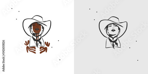 Hand drawn abstract vector graphic clipart illustration boho cowgirl in hat portrait.Western female design concept.Bohemian wild west contemporary art.Cowboy girl modern drawing.American cowgirl logo.