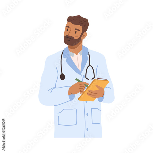 Medical worker with stethoscopes writing down prescriptions or patients symptoms. Isolated doctor or practitioner. Flat cartoon character, vector in flat style