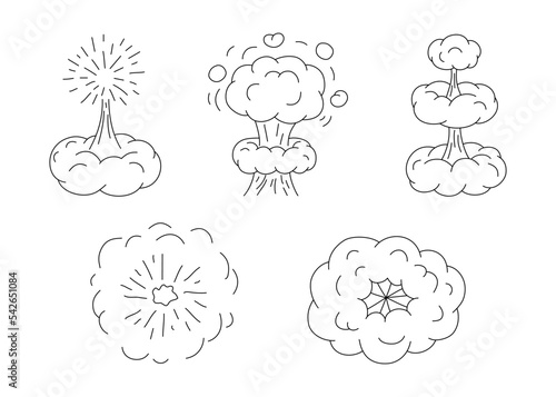 Explosion with cloud of smoke, effect steam, doodle line set. Hand drawn element splash, stepwise and wave cloud from burst. Collection outline sketch. Vector illustration