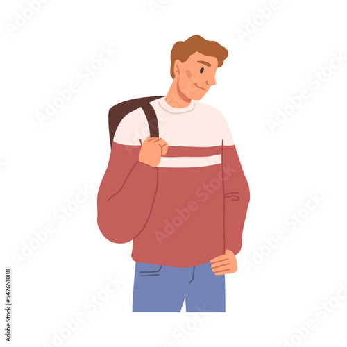 Male personage wearing casual clothes and rucksack on back. Isolated student looking aside. Relaxed man expression. Flat cartoon character, vector in flat style