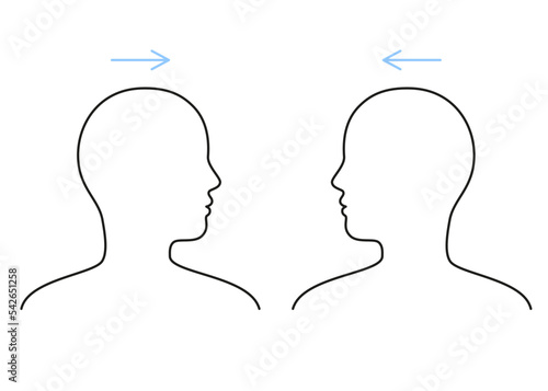Exercise on stretch muscles of neck, turn head, line sign. Active gymnastics, rotation during break. Healthy yoga and relaxation. Vector outline illustration