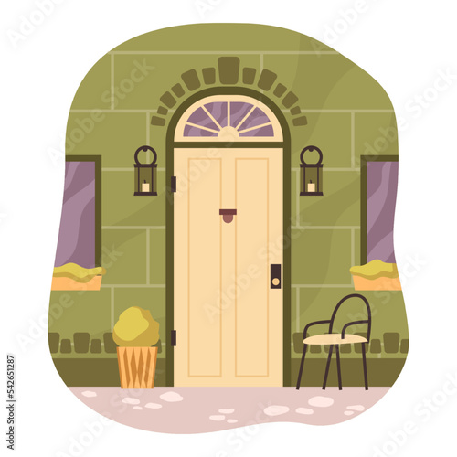 Entrance doors of home, isolated porch with houseplant decoration, lantern hanging on wall and chair for sitting outside. House exterior. Vector in flat style