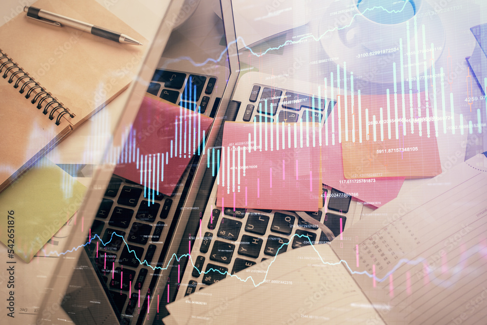 custom made wallpaper toronto digitalMulti exposure of financial chart drawing over table background with computer. Concept of research and analysis. Top view.