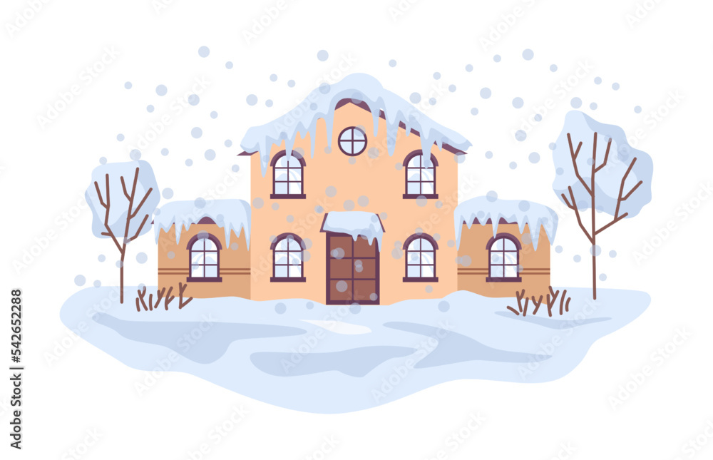 Snowfall or heavy blizzard, natural disasters and catastrophes caused by climate change. Mass of snow and ice on house roof and street. Vector in flat style