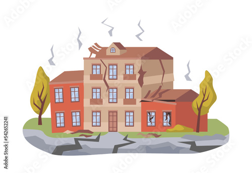 Earthquake shaking of ground and damaging houses, roads and nature. Destruction of home, natural disasters and cataclysm, catastrophes. Vector in flat style