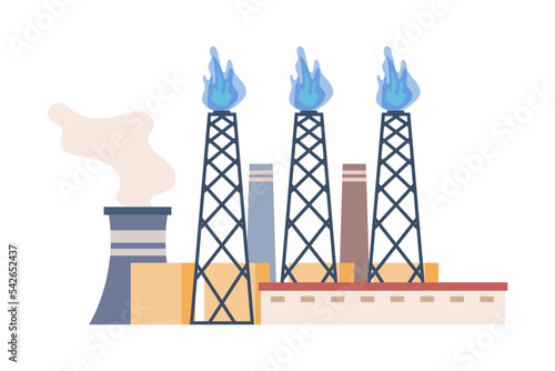 Gas production, natural renewable resources factories and industries. Gaseous liquid making and storing, benzine or gasolene producing industry. Vector in flat style
