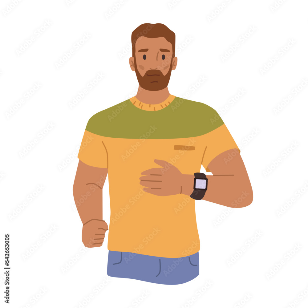 Male personage running wearing smart watch. Gadget measuring heartbeat and helping to check your health while jogging. Flat cartoon character, vector in flat style Male personage running wearing smart watch. Gadget measuring heartbeat and helping to check your health while jogging. Flat cartoon character, vector in flat style