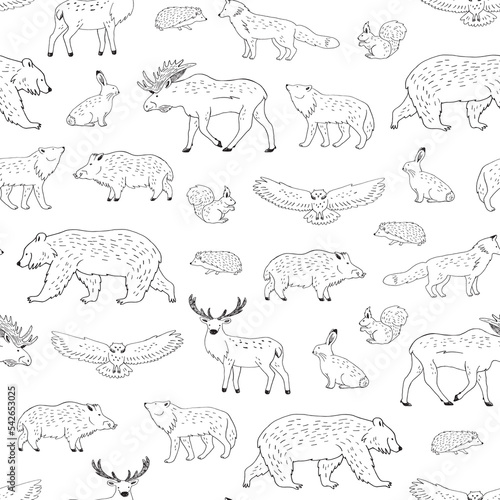 Forest animals vector line seamless pattern.
