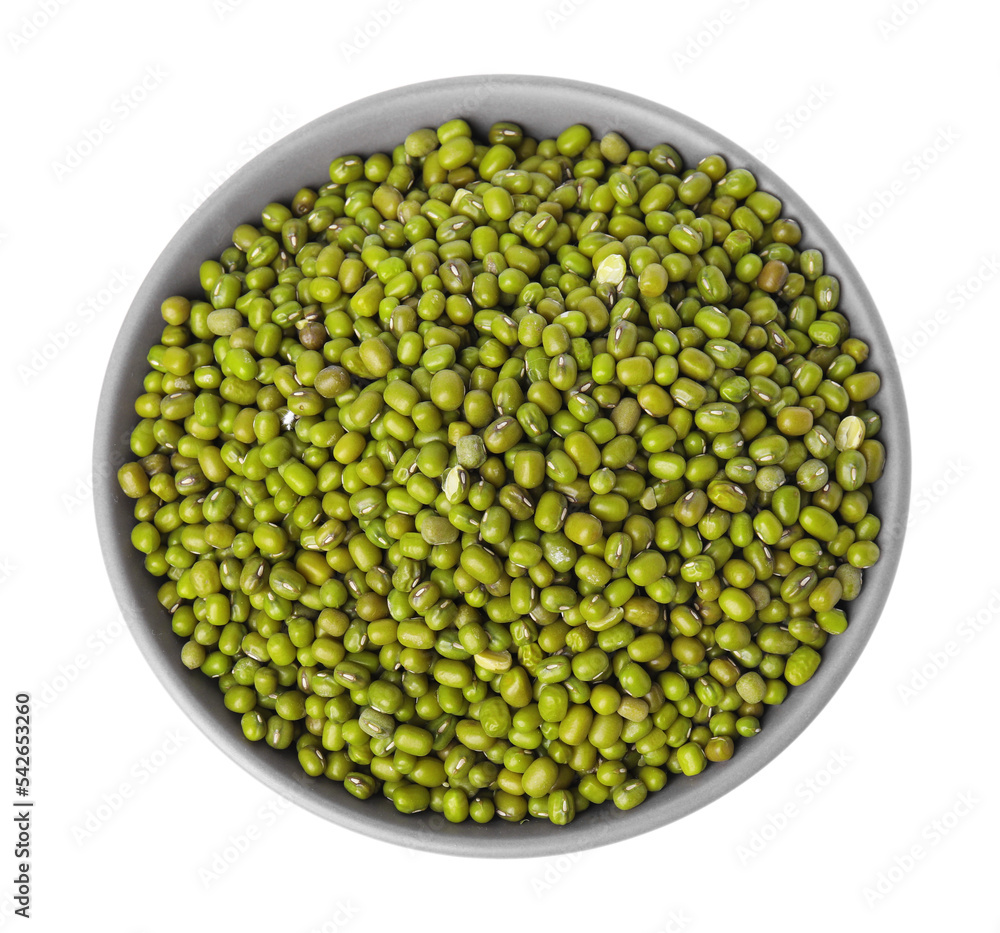 Bowl with fresh mung beans isolated on white, top view Bowl with fresh mung beans isolated on white, top view