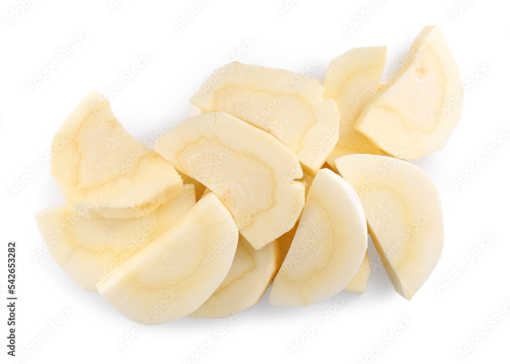 Tasty cut fresh ripe parsnip on white background, top view Tasty cut fresh ripe parsnip on white background, top view
