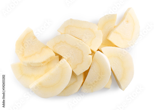 Tasty cut fresh ripe parsnip on white background, top view