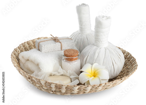 Beautiful spa composition with different care products isolated on white