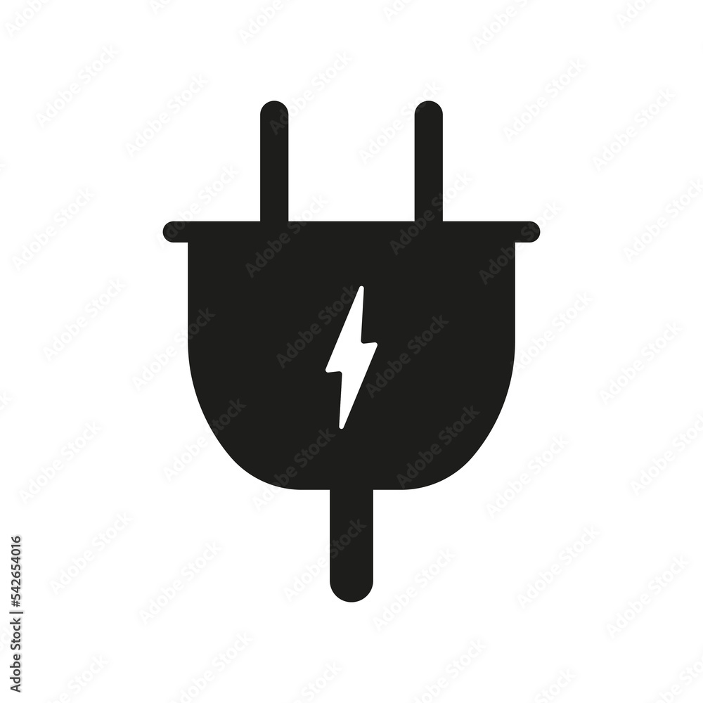 Electrical plug with lightning line icon. Power supply, charge device, battery, accumulator, electricity, wire, appliance, voltage. Technology concept. Vector black line icon on a white background Electrical plug with lightning line icon. Power supply, charge device, battery, accumulator, electricity, wire, appliance, voltage. Technology concept. Vector black line icon on a white background