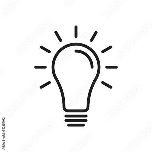 Light bulb with rays line icon. Lighting, electricity, electric, shine, wiring, glow. Thinking, creative idea, solution, strategy. Technology concept. Vector black line icon on a white background