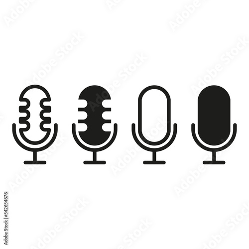 Microphone set icon. Mike, mouthpiece, transmitter, voice recorder, sound track, song, voice message. Speech concept. Vector black set icon on a white background