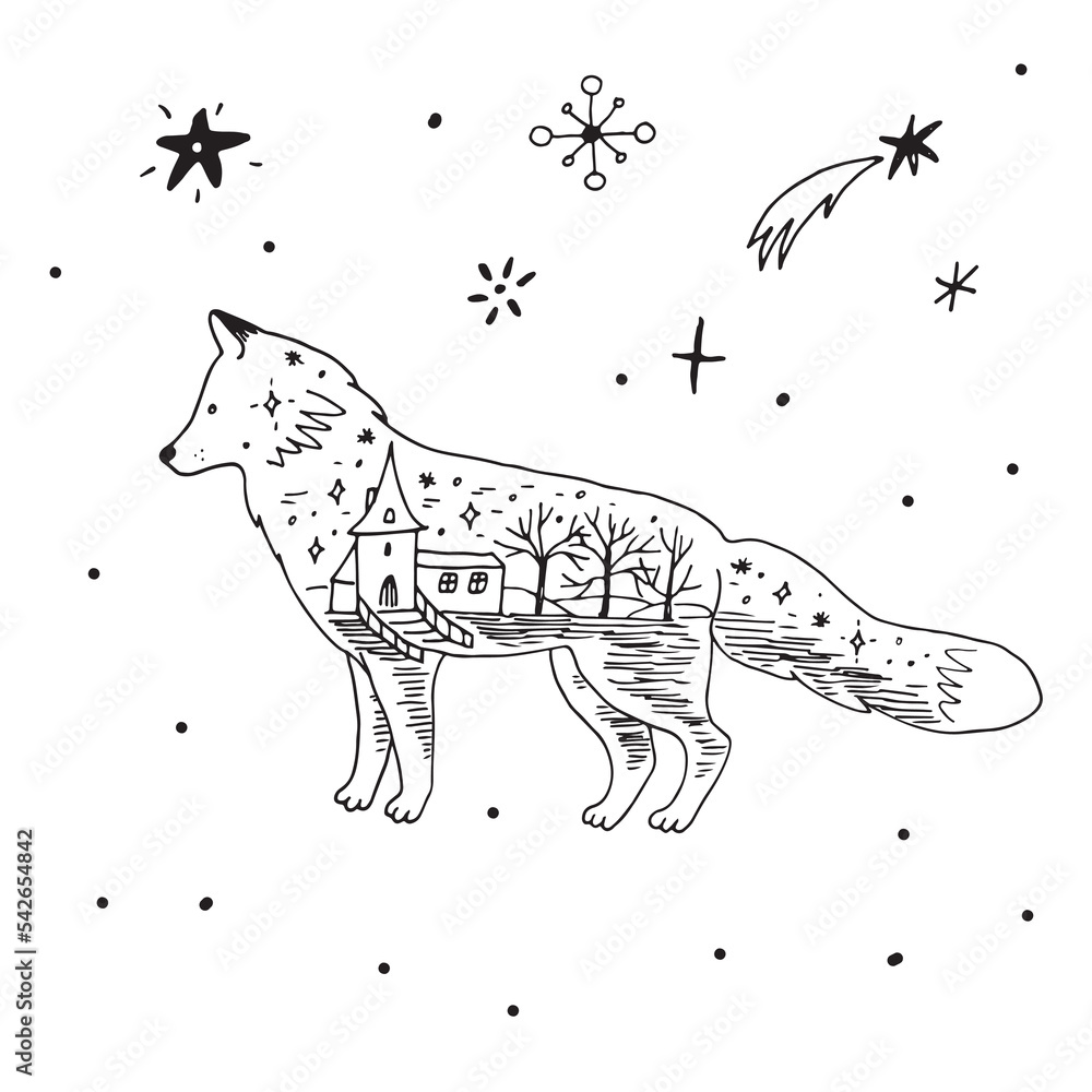 Obraz premium Forest animal fox christmas winter vector line illustration poster.