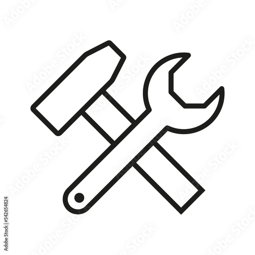 Hammer and wrench set icon. Tools, mend, fix, repair, build, construct, builder, technology, worker, service, engineer. Construction concept. Vector black line icon on a white background