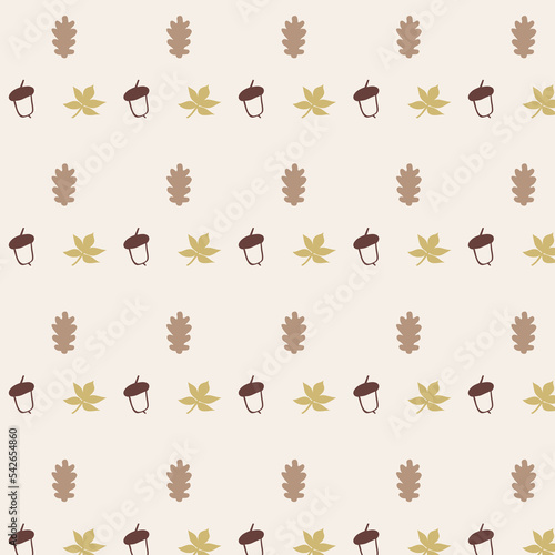 Acorns and oak tree seamless pattern. Autumn season. Vector hand drawn illustation.