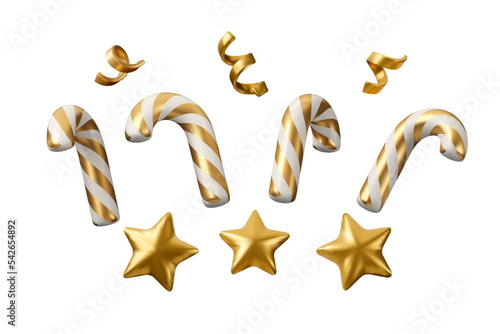 Christmas decoration elements. Vector 3d icon set. Realistic render New Year illustration. Gold and white designs