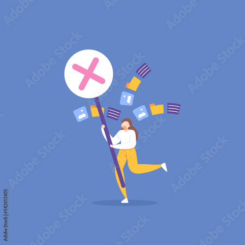stop oversharing. prohibitions and warnings to share personal data freely and indiscriminately. stop sharing personal information to the public excessively. a woman holding a cross board. illustration