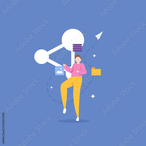 share files or share documents with friends. transfer or send photos. archive management. a man shares his files on social media or on other devices. technology. illustration concept design