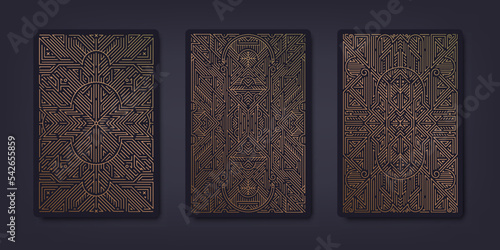 Set of vector decorative tarot cards design templates. Art deco line golden style. Astrology or sacred geometry poster. Magic occult, esoteric boho aesthetic.