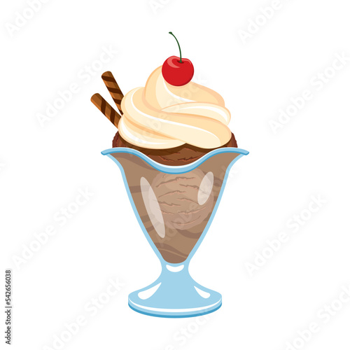 Chocolate Ice Cream Sundae with whipped cream and cherry on top icon vector. Ice cream sundae icon vector isolated on a white background. Chocolate ice cream cup with a wafer drawing