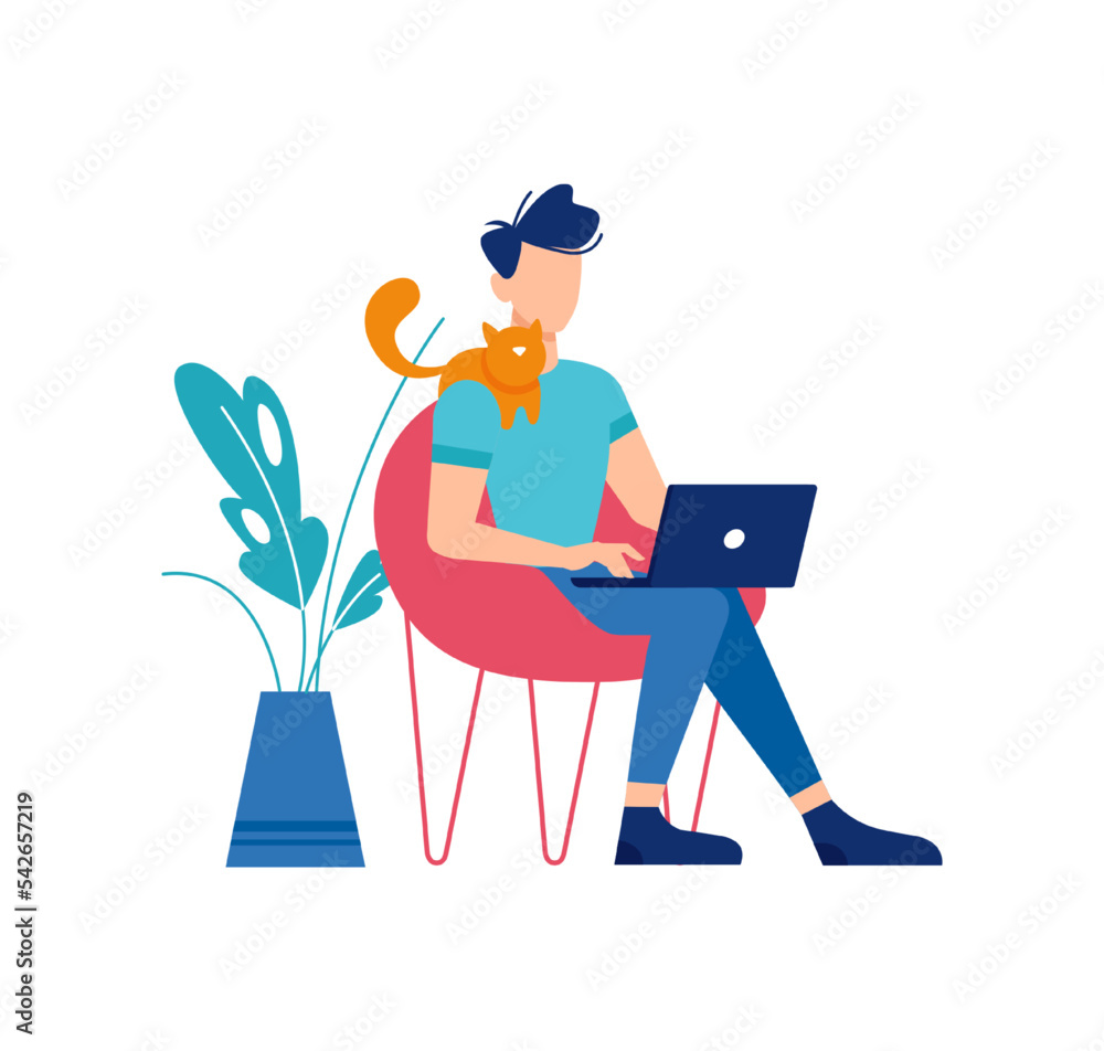 Freelance worker sitting in chair working on project. Home office, distant worker or manager with laptop. Personage or character, vector in flat cartoon style Freelance worker sitting in chair working on project. Home office, distant worker or manager with laptop. Personage or character, vector in flat cartoon style