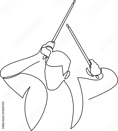 Continuous line drawing of young drummer raise drumstick up. Musician artist performance concept. Vector illustration. photo