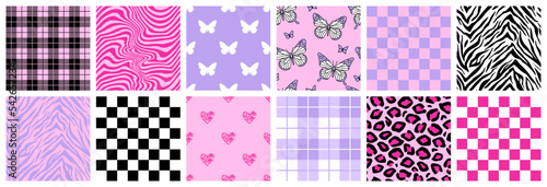 Y2k glamour pink seamless patterns. Backgrounds in trendy emo goth 2000s style. Butterfly, heart, chessboard, mesh, leopard, zebra. 90s, 00s aesthetic. Pink pastel colors. photo