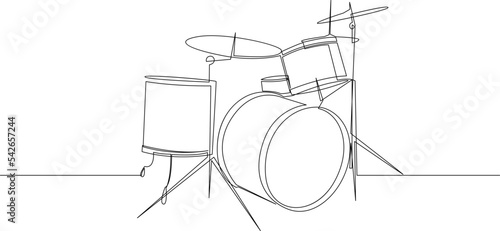 Continuous line drawing of drum instrument. Drum set minimalist line design. Vector illustration.