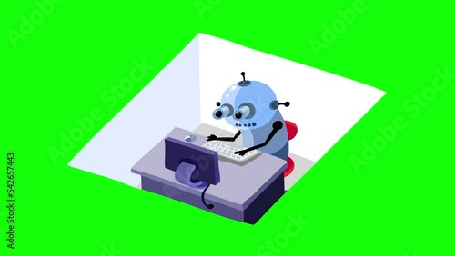 Robots working in office as employee in cubicle isolated. AI cartoon animation motion graphic explainer style flat 2d. Artificial intelligence replacing human work. Future unemployment metaphor. photo